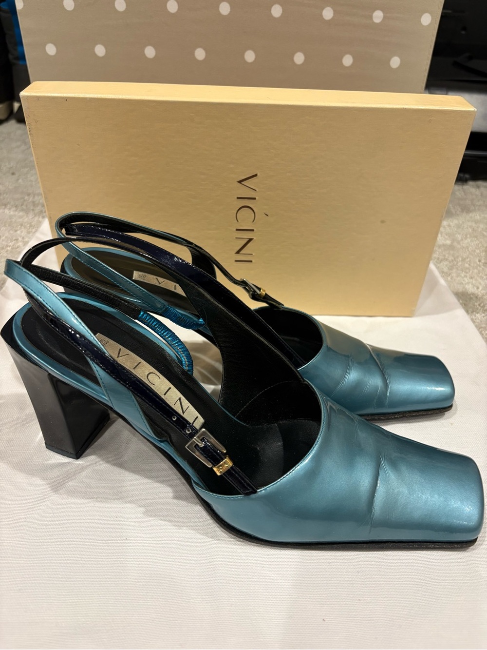 Vicini Teal Satin Slingback Block Heels